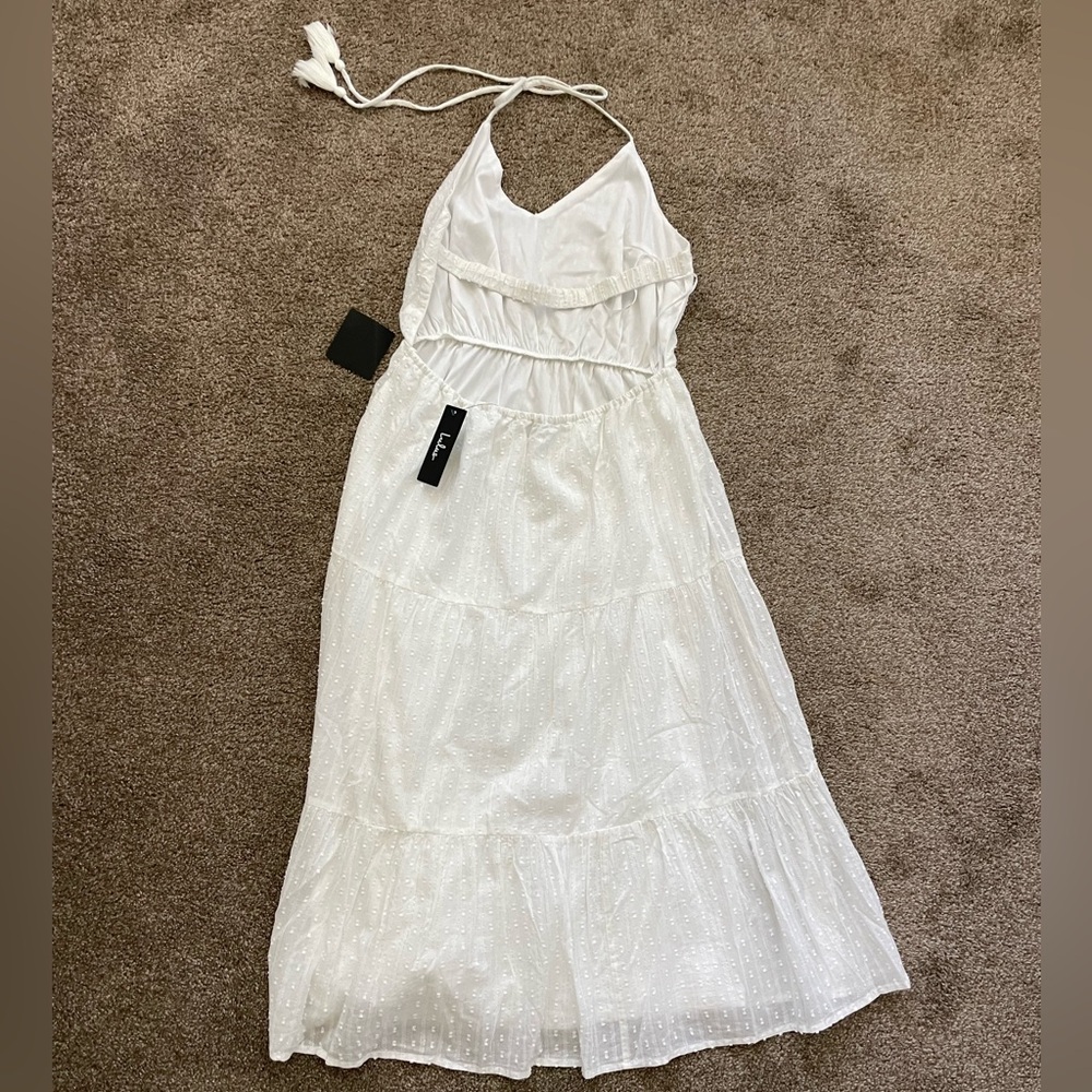 NWT Lulus - Sunny Reverie White Swiss Dot Lurex Halter Midi Dress - Picture 5 of 7